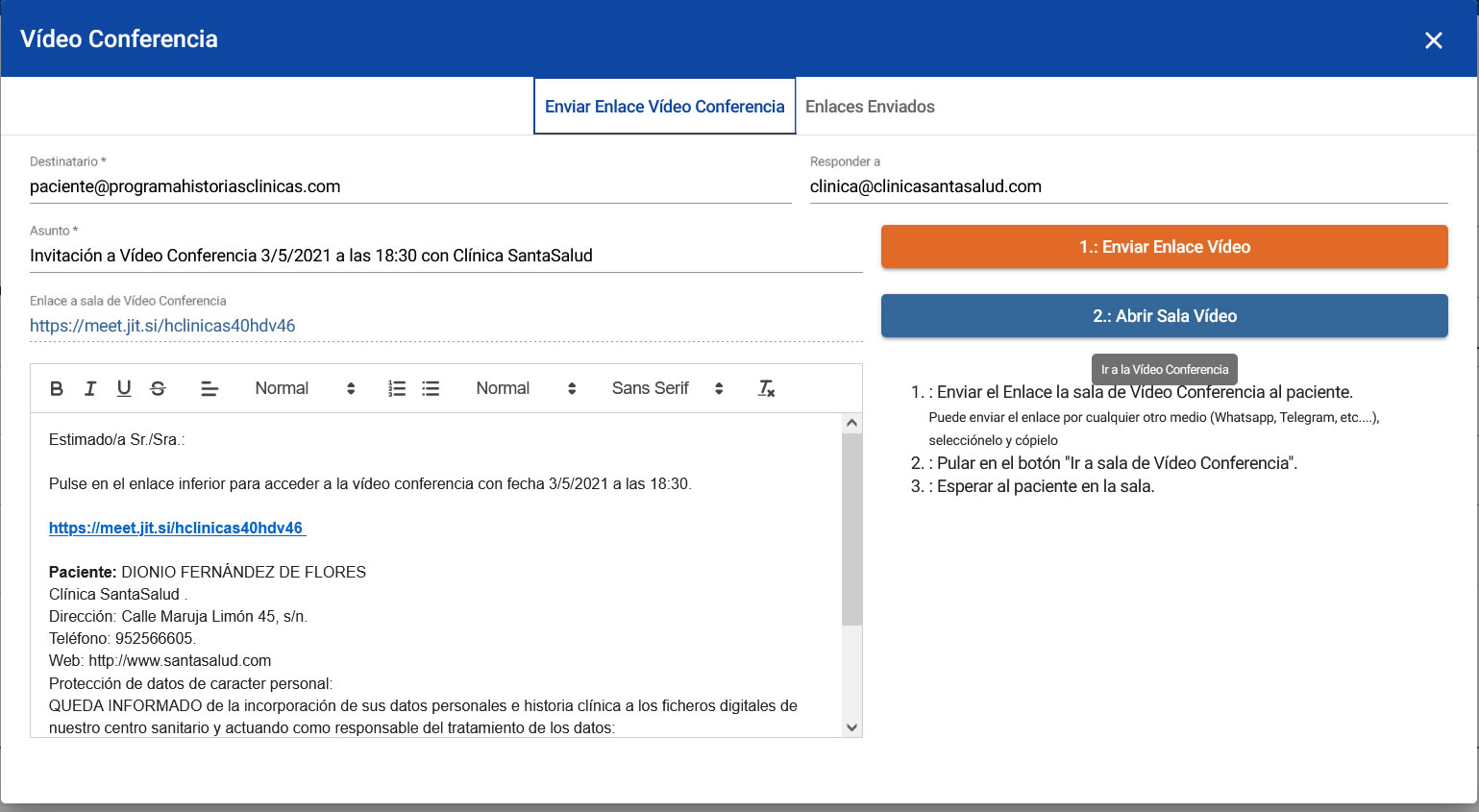 Invitación Vídeo Conferencia Clínica con Paciente. Consulta asistida