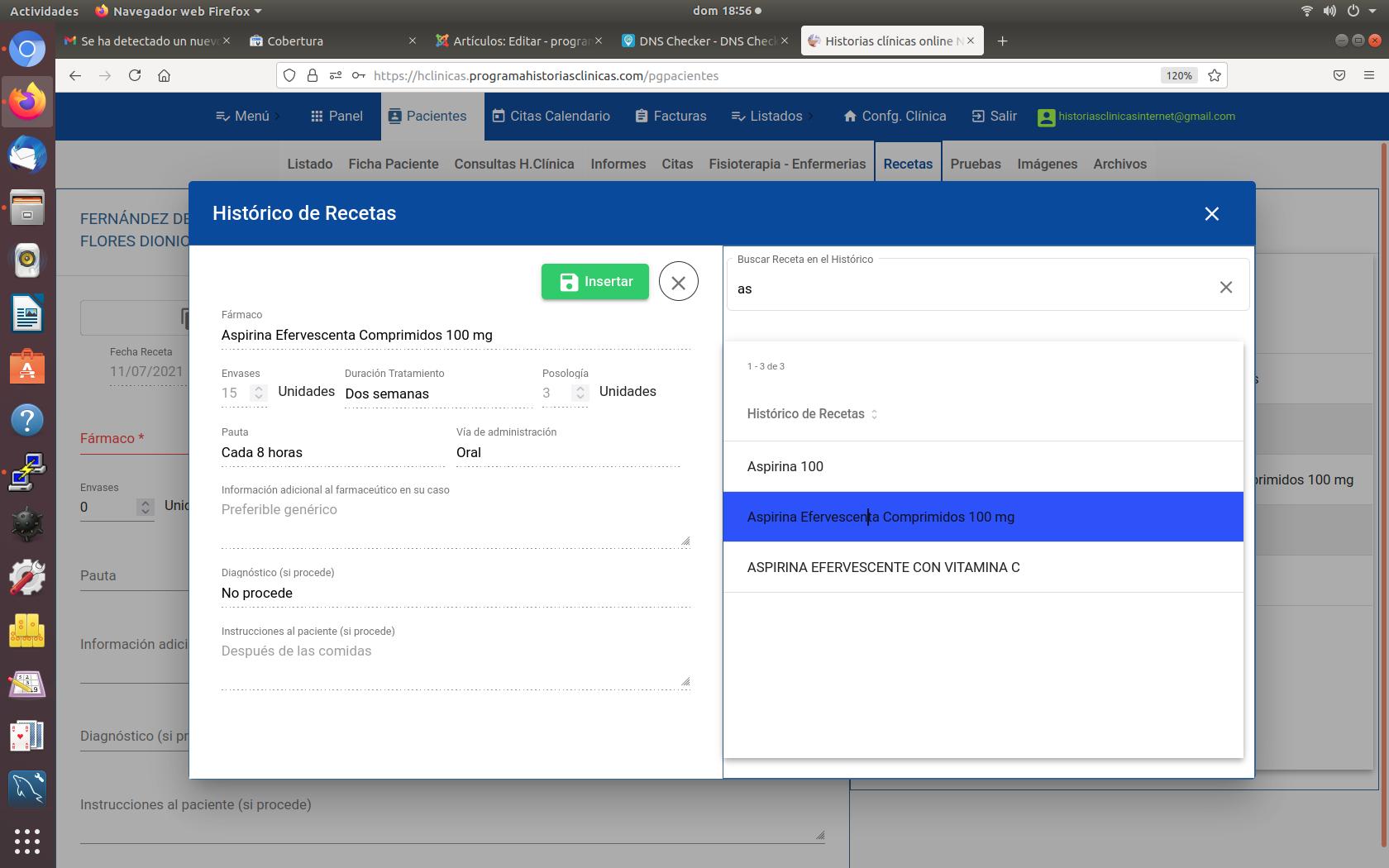 Insertar receta médica desde histórico de plantillas de recetas