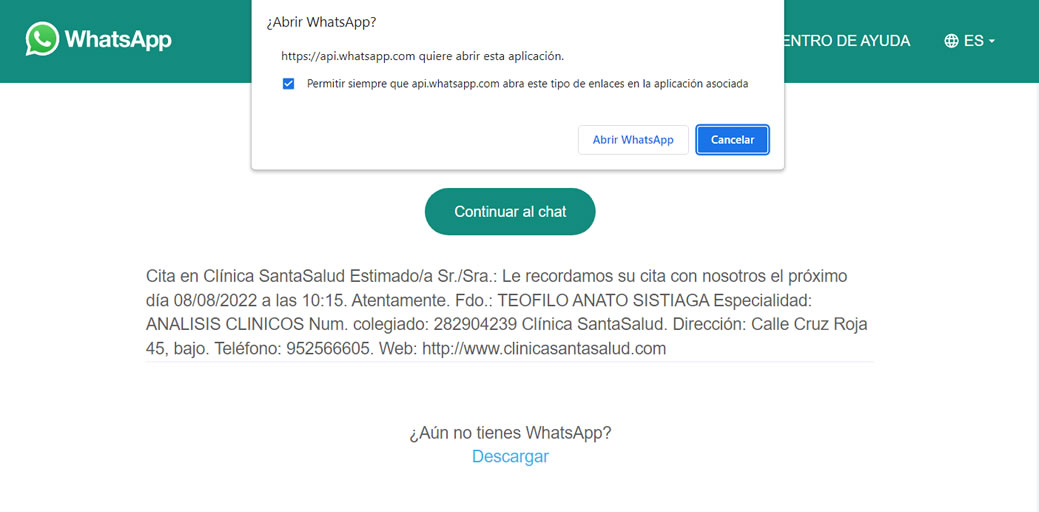 Enviar enlace whatsapp a la aplicación de escritorio en historias clínicas