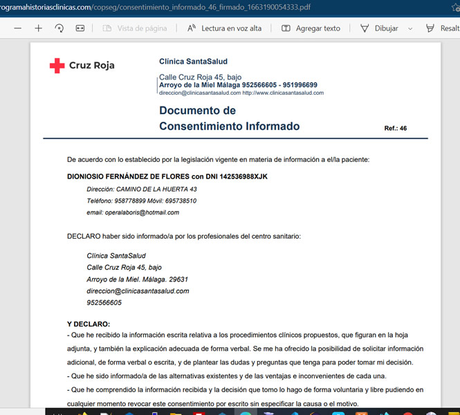 Descargar Consentimiento Informado firmado del paciente en historias clínicas