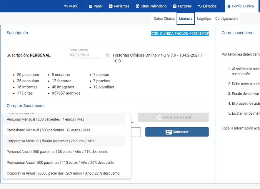 Seleccionar suscripción en la aplicación historias clínicas por pacientes y periodo de pago