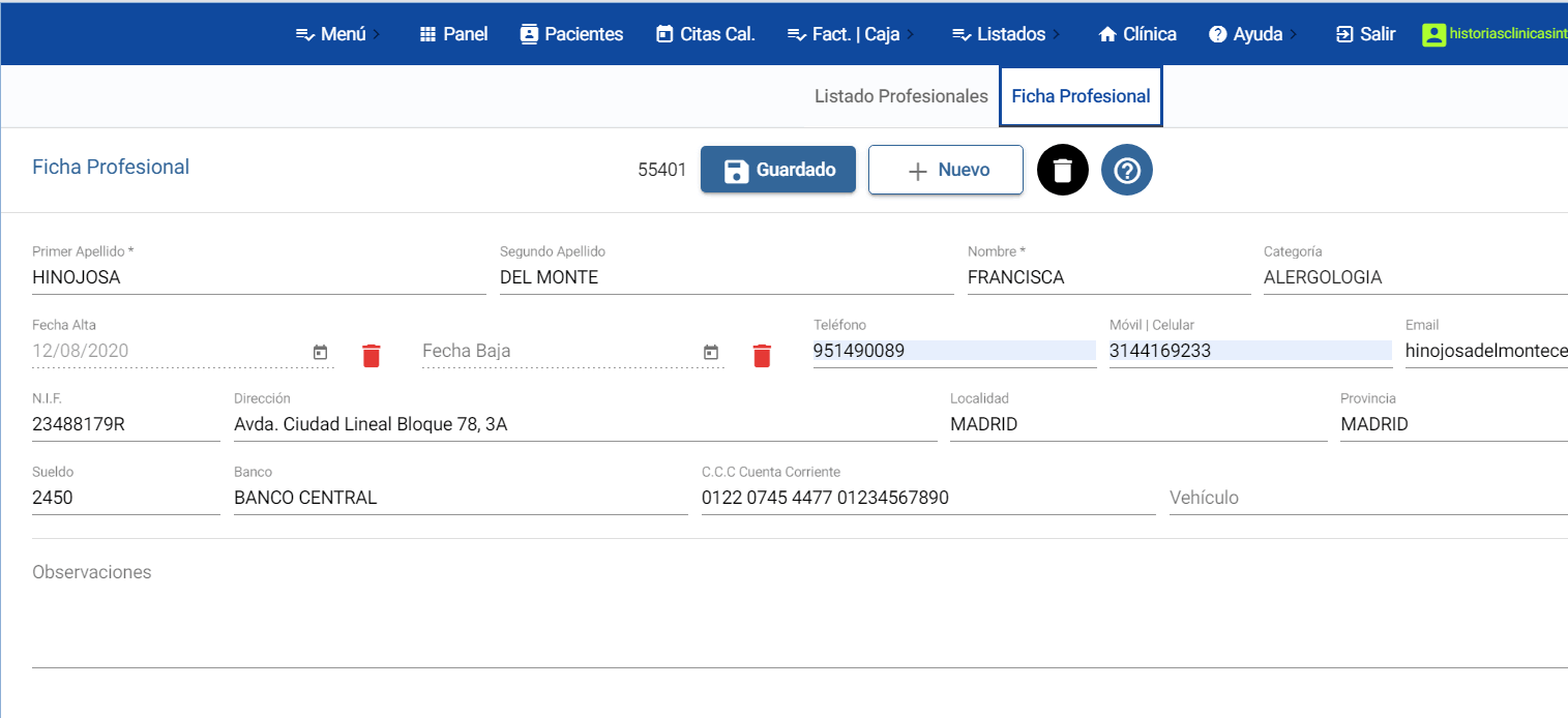 Ficha personal sanitario en el programa de gestión de clínicas y consultorios médicos en la nube