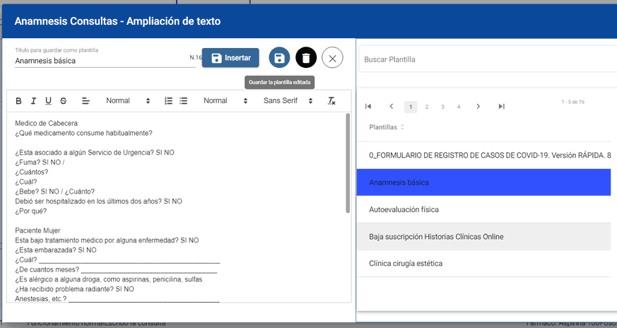 Guardar texto de consultas clínicas como plantilla de texto